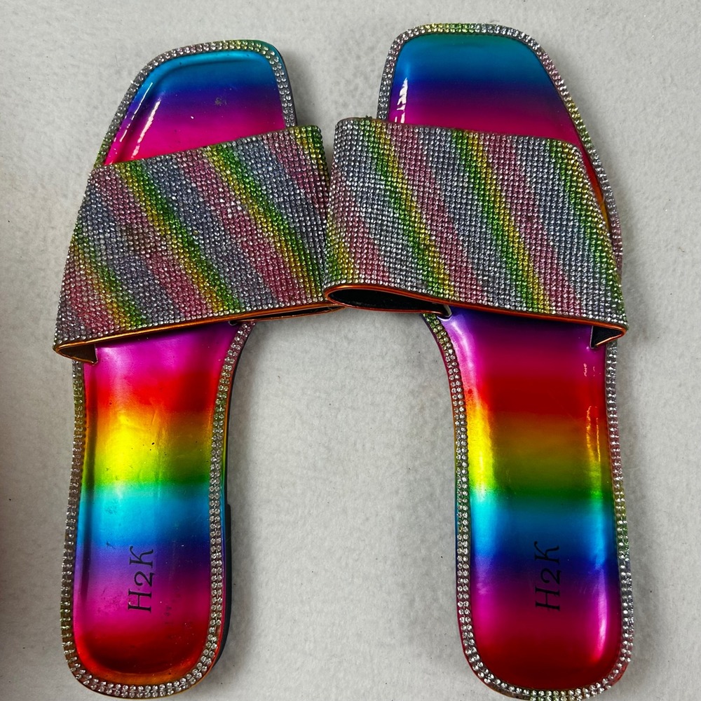 H2K Womens Rainbow Rhinestone Slide Sandals Square Toe Flat Metallic Size 9